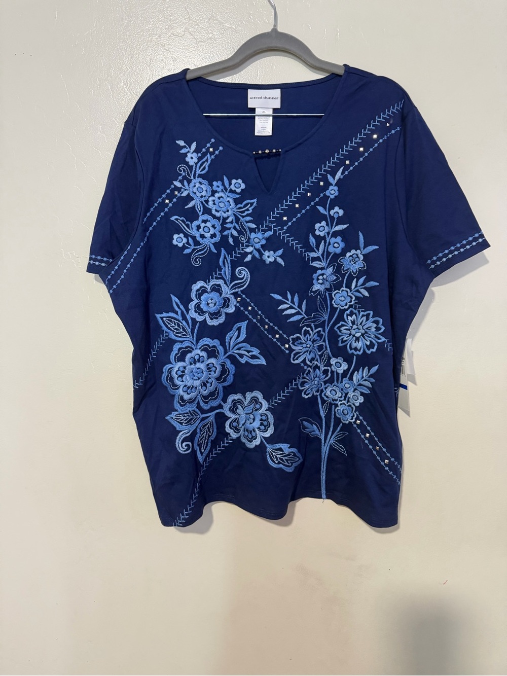 Alfred Dunner Navy Blue Short-Sleeve Top with Light Blue Floral Embroidery